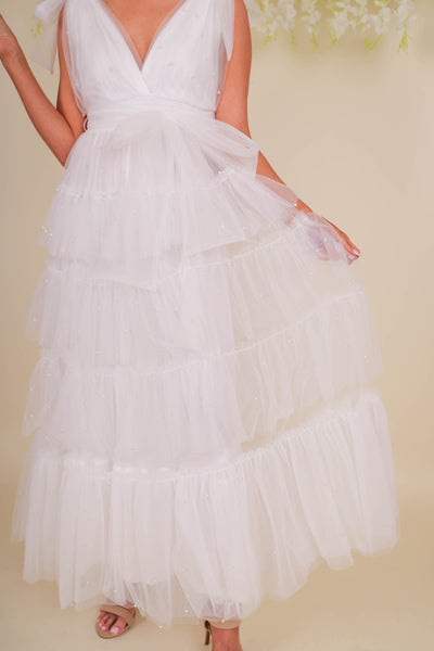 White Pearl Tulle Midi Dress- Bridal Tulle Pearl Dress- Mable Tulle Pearl Midi