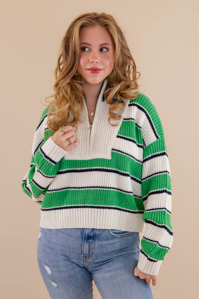 Green and White Striped Pullover- Women's Zipped Up Pullover- Creamon Green Striped Pullover