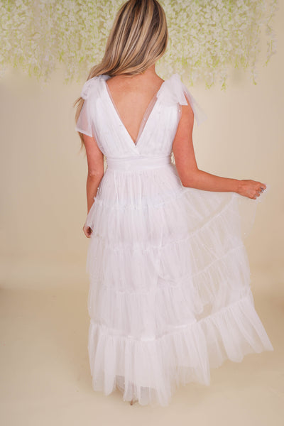White Pearl Tulle Midi Dress- Bridal Tulle Pearl Dress- Mable Tulle Pearl Midi