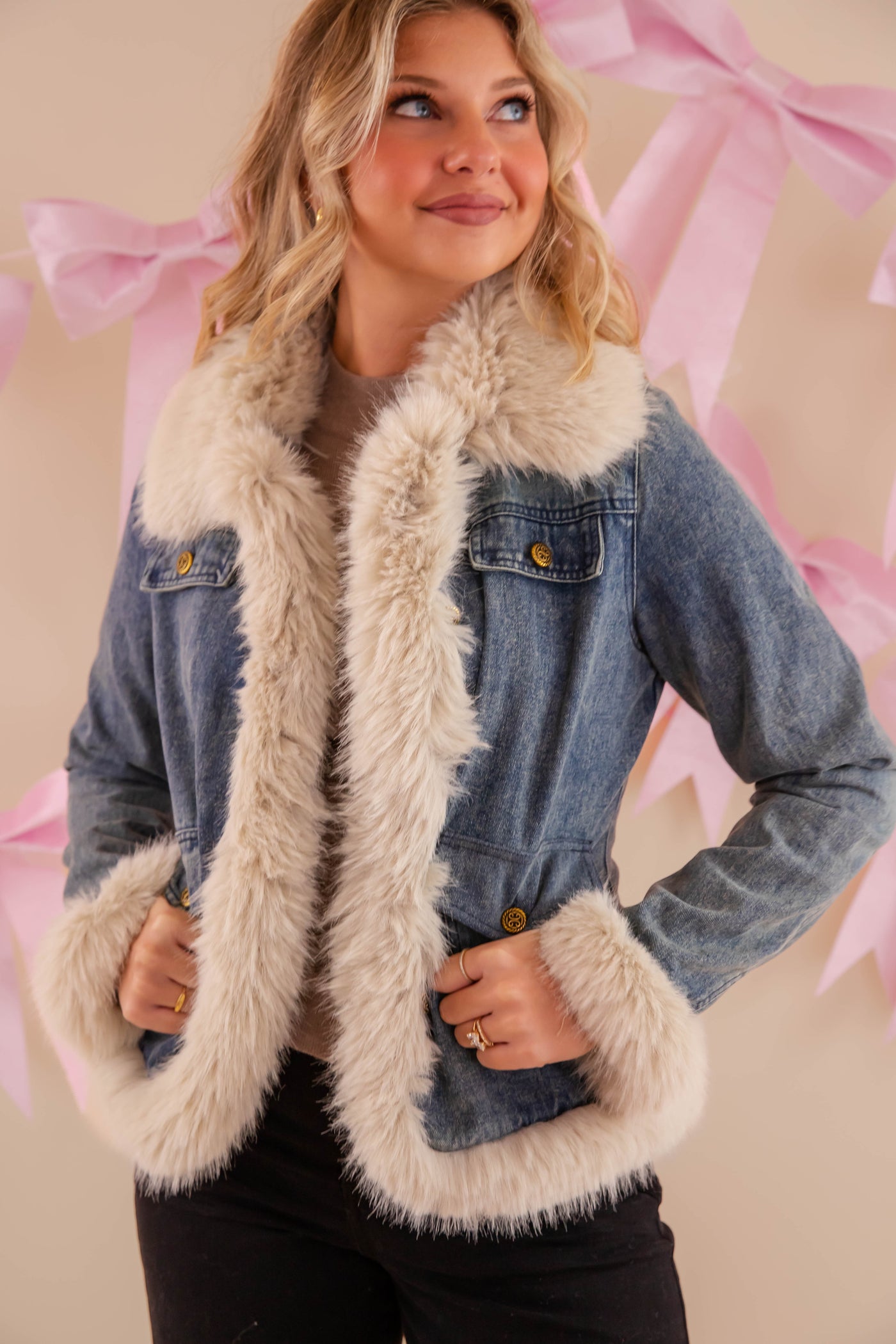 Denim Jacket with Faux Fur Trim, Denim and Fur Jacket- Coalition Denim Fur Coat