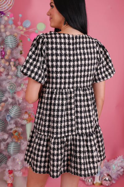 Women's Black and White Tweed Dress- Women's Houndstooth Dress- Entro Dresses