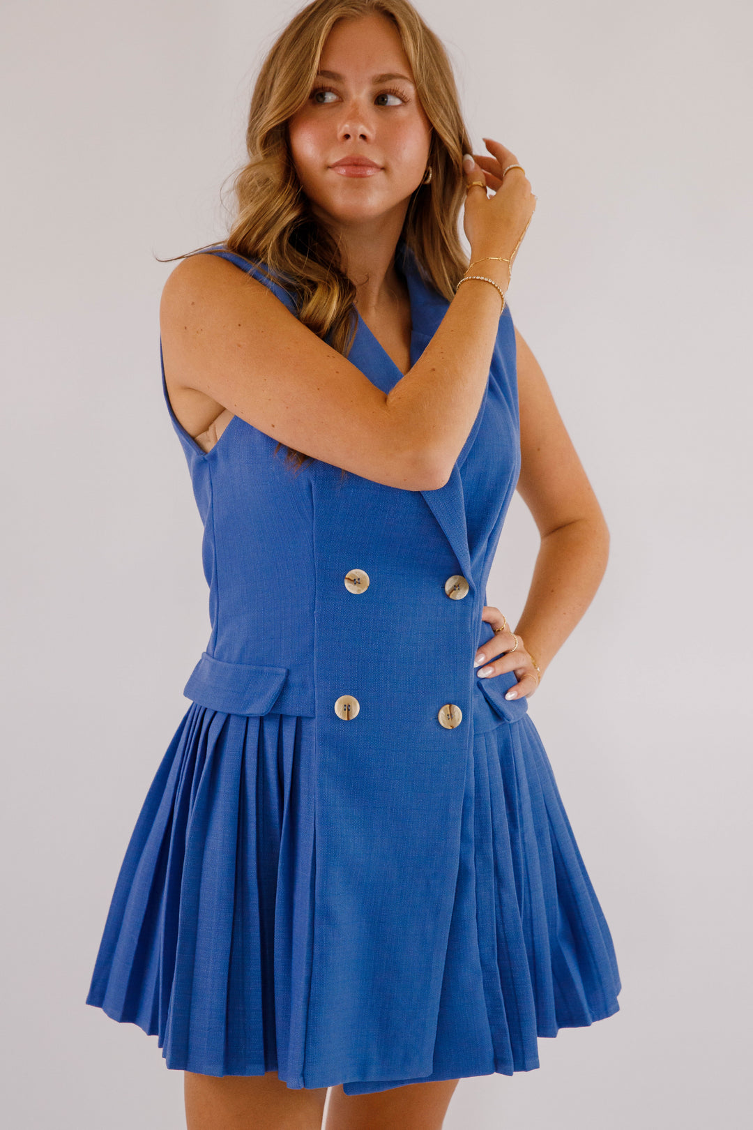 Women's Blue Blazer Dress- Pleated Blazer Dress- Women's Trending Dresses Medium