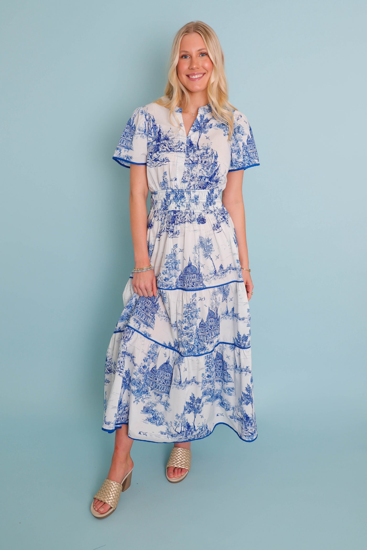 Landscape Print Tiered Dress- Coastal Grandmother Dress- Umgee Blue Print Dress