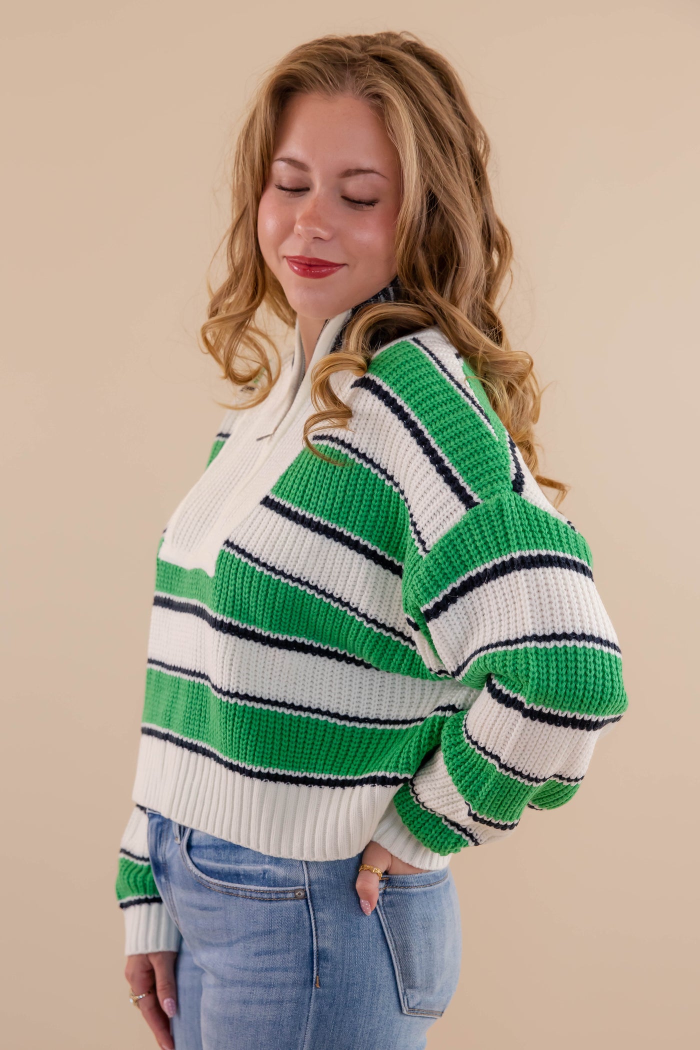 Green and White Striped Pullover- Women's Zipped Up Pullover- Creamon Green Striped Pullover