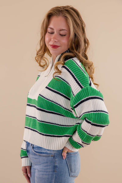 Green and White Striped Pullover- Women's Zipped Up Pullover- Creamon Green Striped Pullover