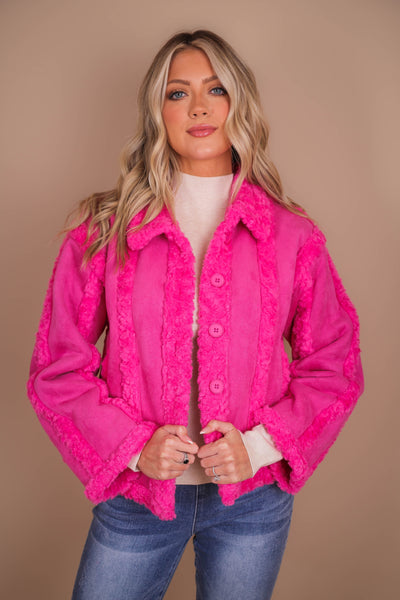 Women's Hot Pink Coat- Pink Faux Fur Coat- Strut & Bolt Jackets