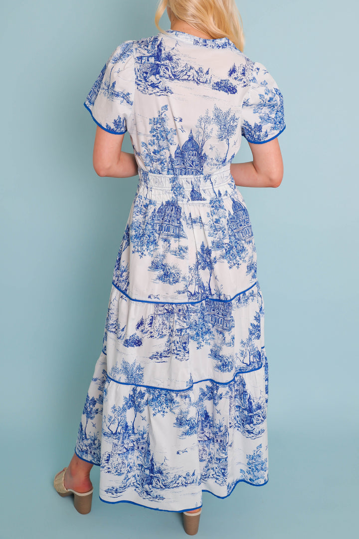 Landscape Print Tiered Dress- Coastal Grandmother Dress- Umgee Blue Print  Dress – Juliana's Boutique