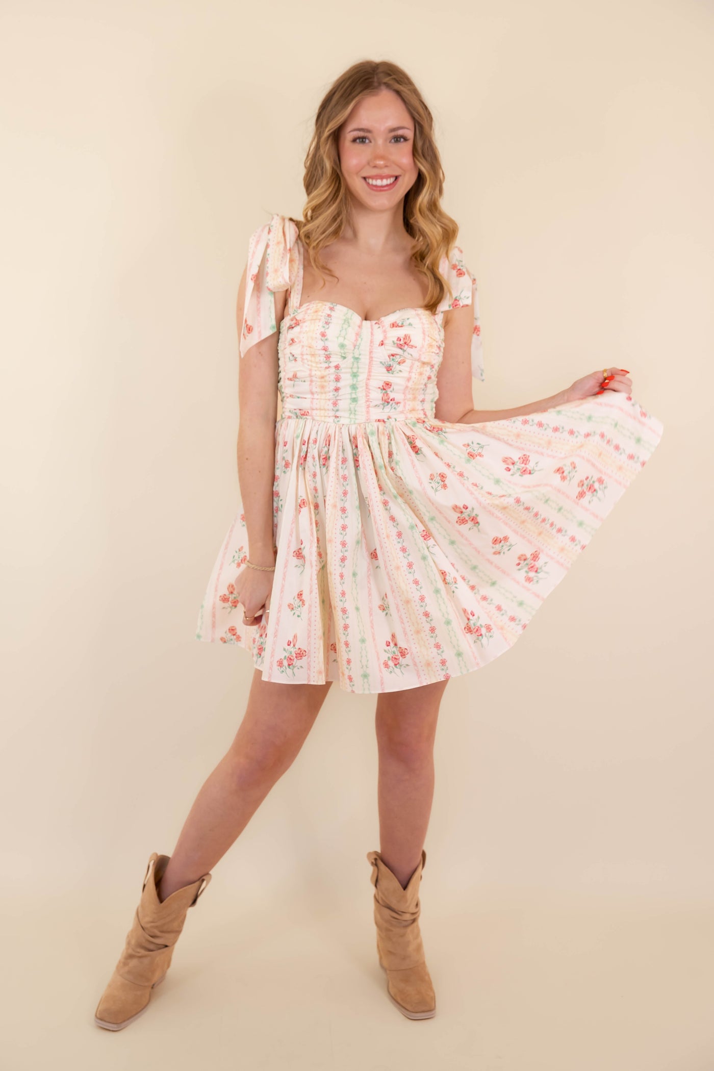 Floral Printed Ruched Tiered  Mini Dress- Shabby Chic Style Dresses- Mable Floral Mini Dress