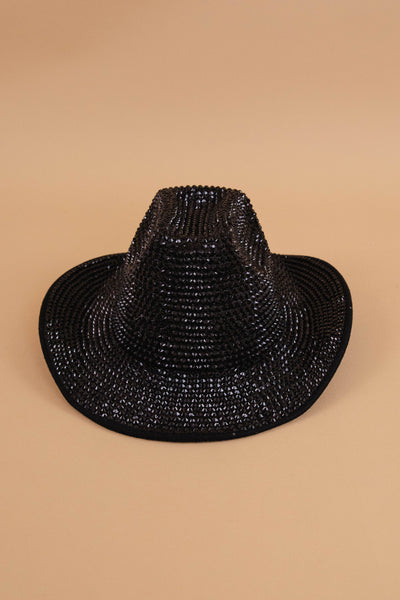 Women's Rhinestone Cowboy Hat- Bling Wide Brim Cowboy Hat- Black Disco Western Hat