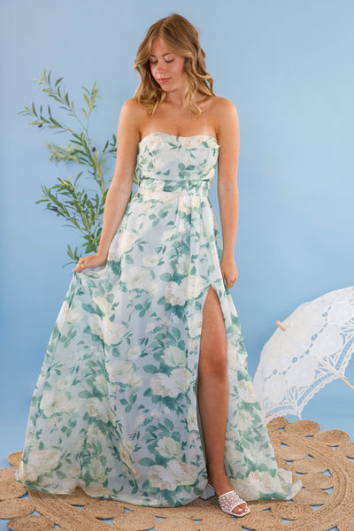Light Blue Floral Dress- Lace-Up Maxi Dress- Strapless Floral Cocktail Dress