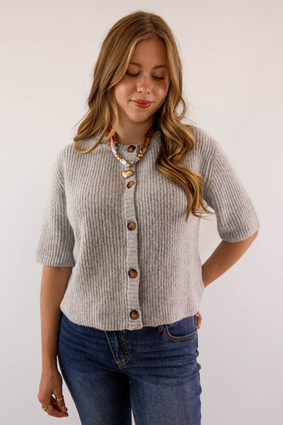 Women's Grey Button Up Cardigan-  Classic Grey Short Sleeved Cardigan- Miss Love Grey Cardigan