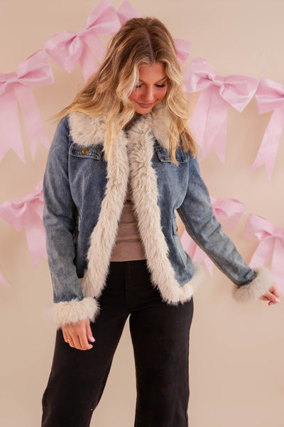 Denim Jacket with Faux Fur Trim, Denim and Fur Jacket- Coalition Denim Fur Coat
