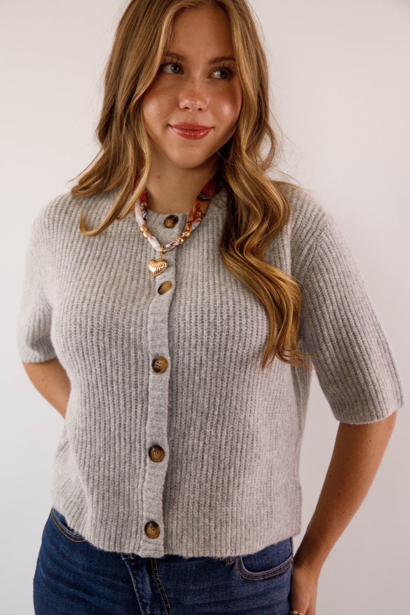 Women's Grey Button Up Cardigan-  Classic Grey Short Sleeved Cardigan- Miss Love Grey Cardigan