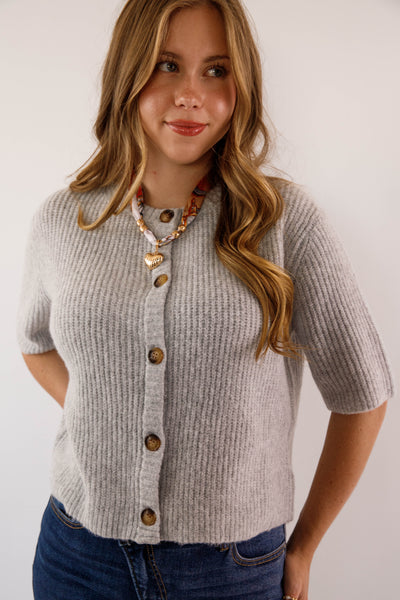 Women's Grey Button Up Cardigan-  Classic Grey Short Sleeved Cardigan- Miss Love Grey Cardigan