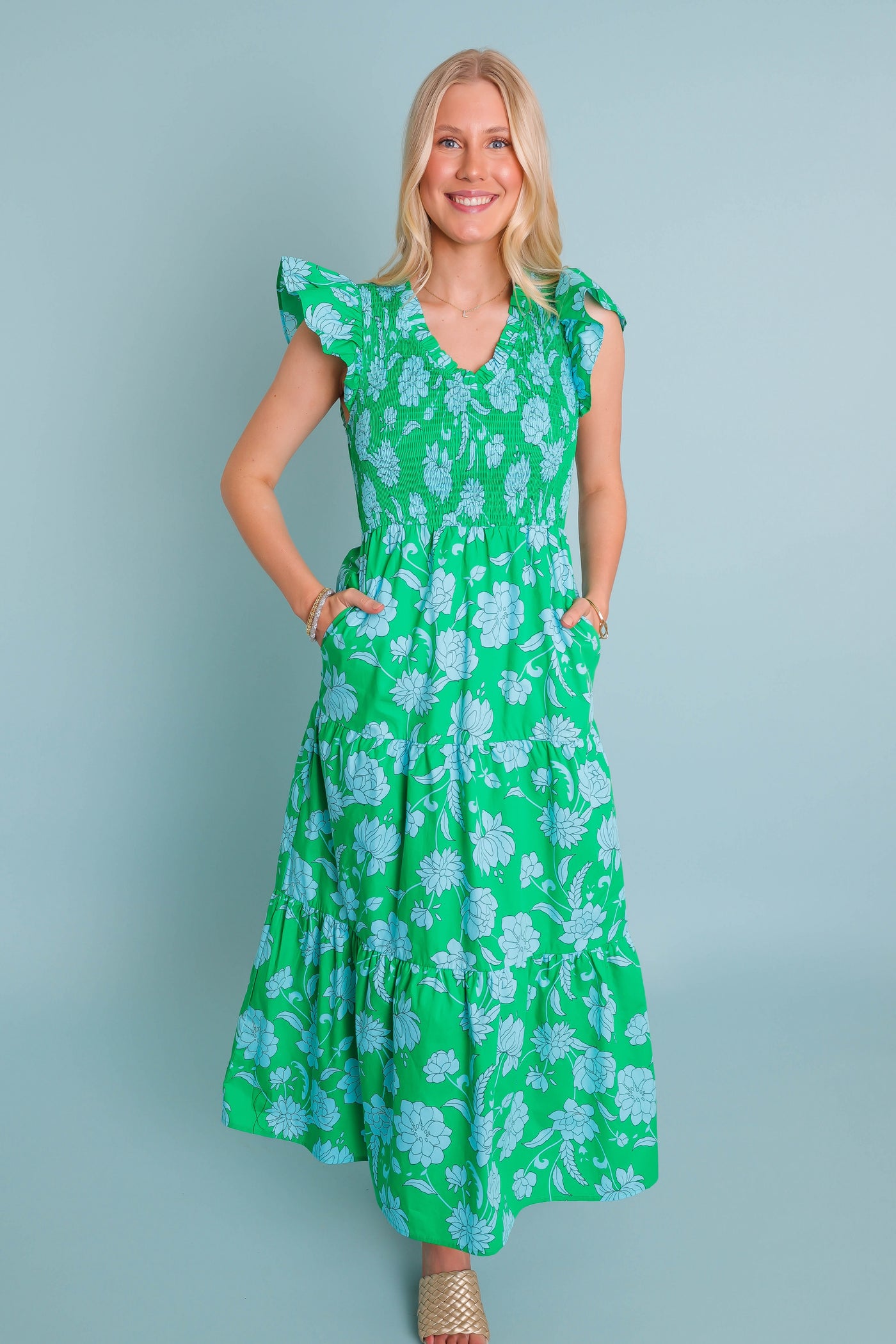 Women's Floral Smocked Midi Dress- Women's Green Floral Midi- Sugar Lips Midi Dress