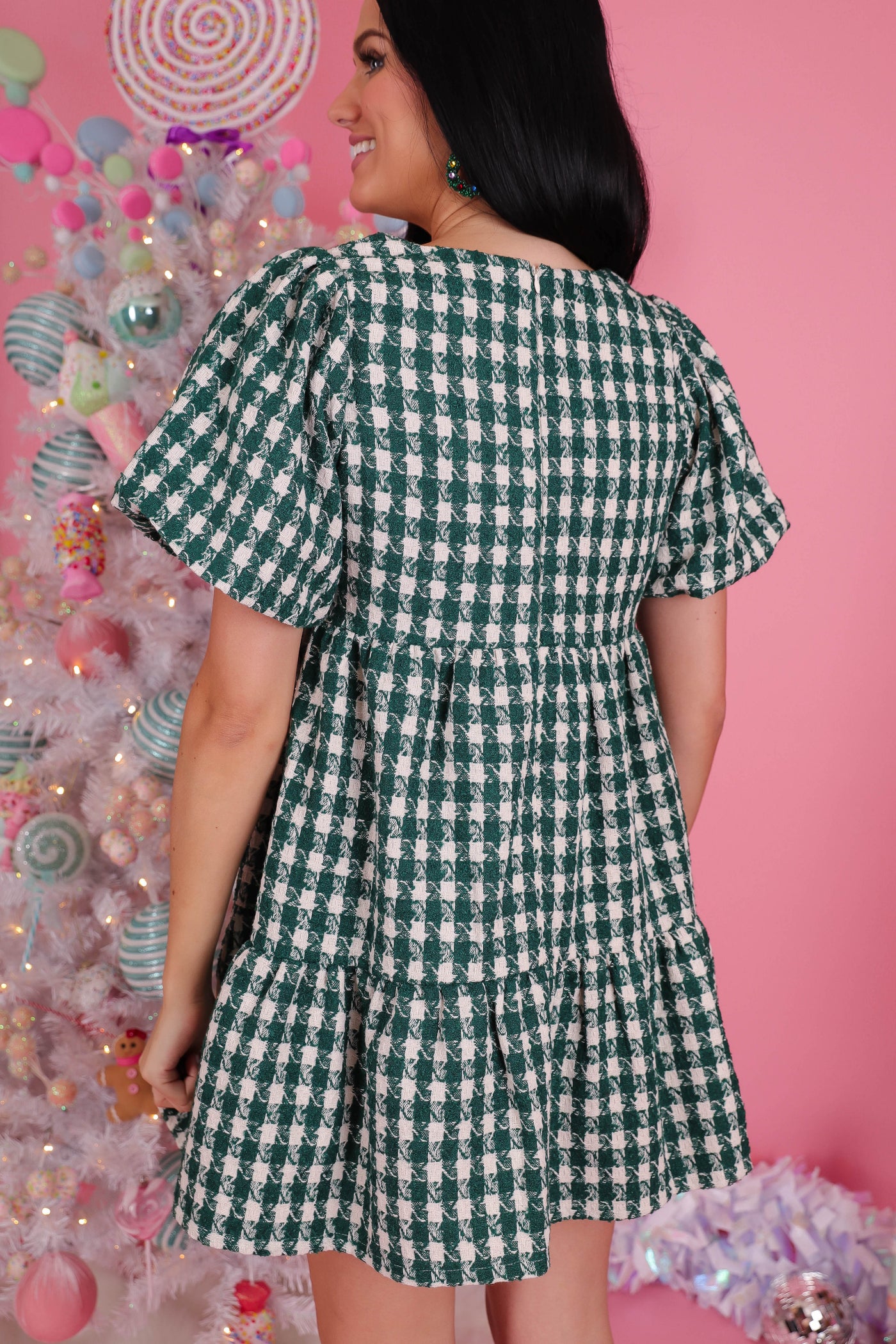 Women's Green and White Tweed Dress- Women's Houndstooth Dress- Entro Dresses