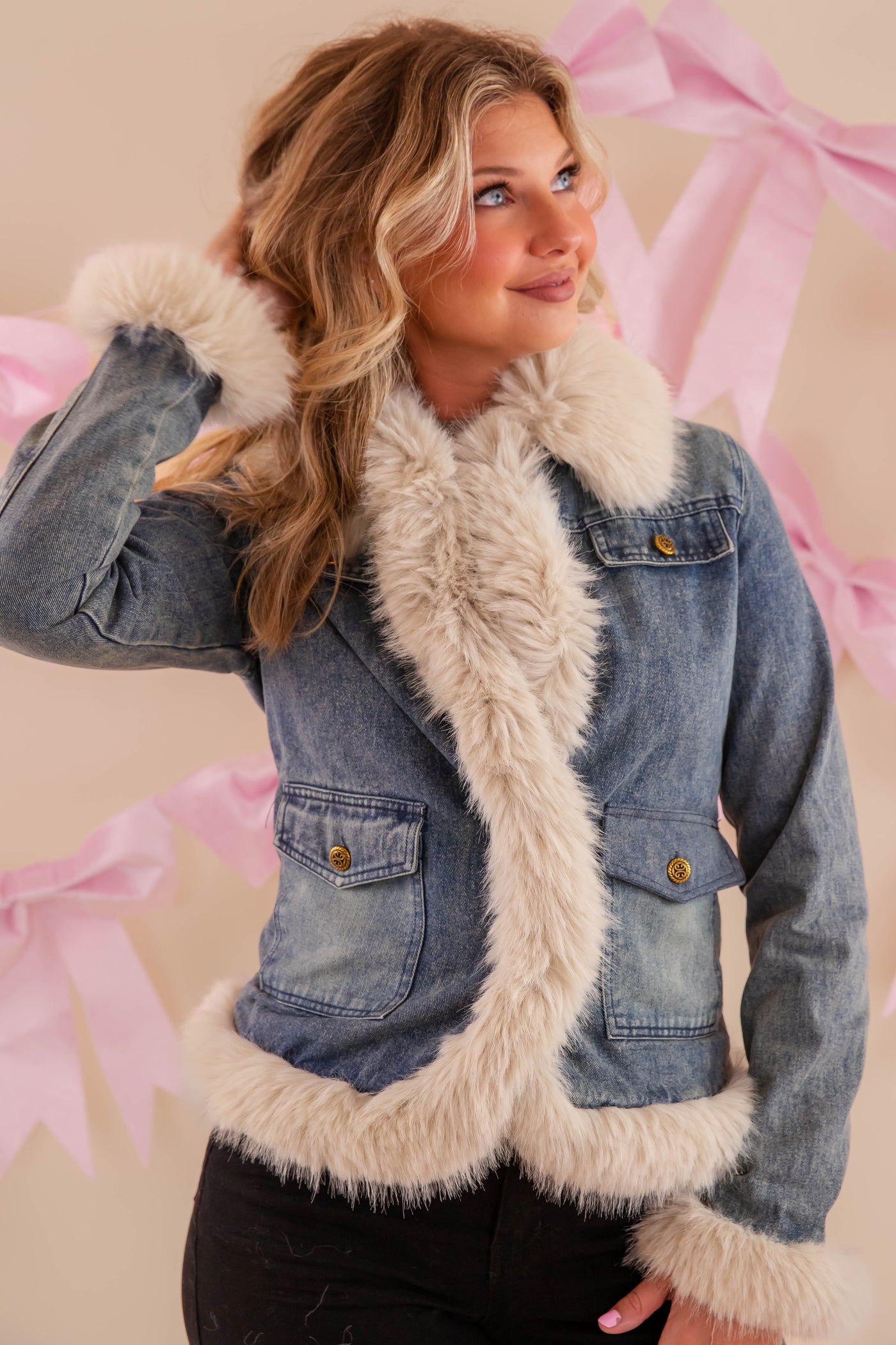 Denim Jacket with Faux Fur Trim, Denim and Fur Jacket- Coalition Denim Fur Coat