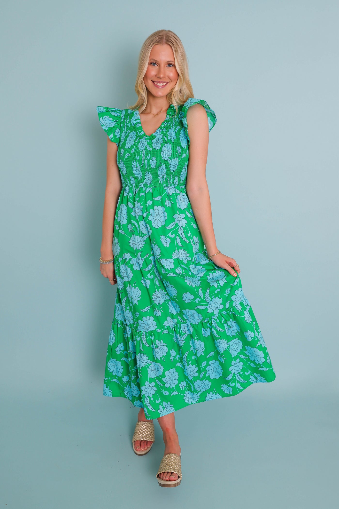Women's Floral Smocked Midi Dress- Women's Green Floral Midi- Sugar Lips Midi Dress