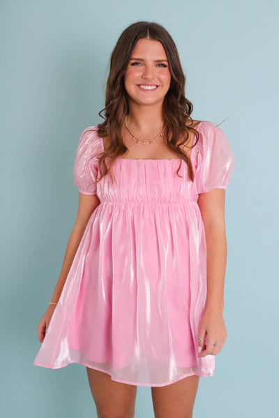 Women's Pink Metallic Dress- Women's Pink Babydoll Dress- Vintage Shop Dress