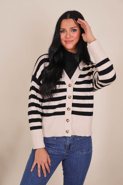 Women's Preppy Sweater Cardigan- Women's Black and White Stripe Cardigan- BluPepper Sweaters