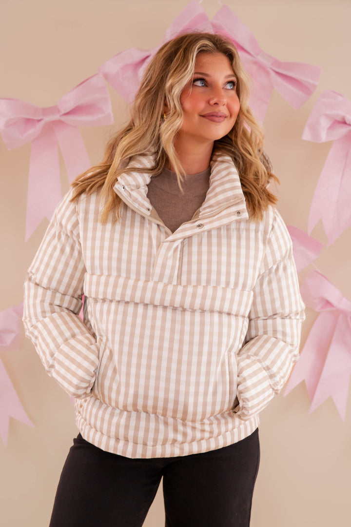 Gingham Puffer Pullover- Classic Beige Gingham Pullover- TCEC