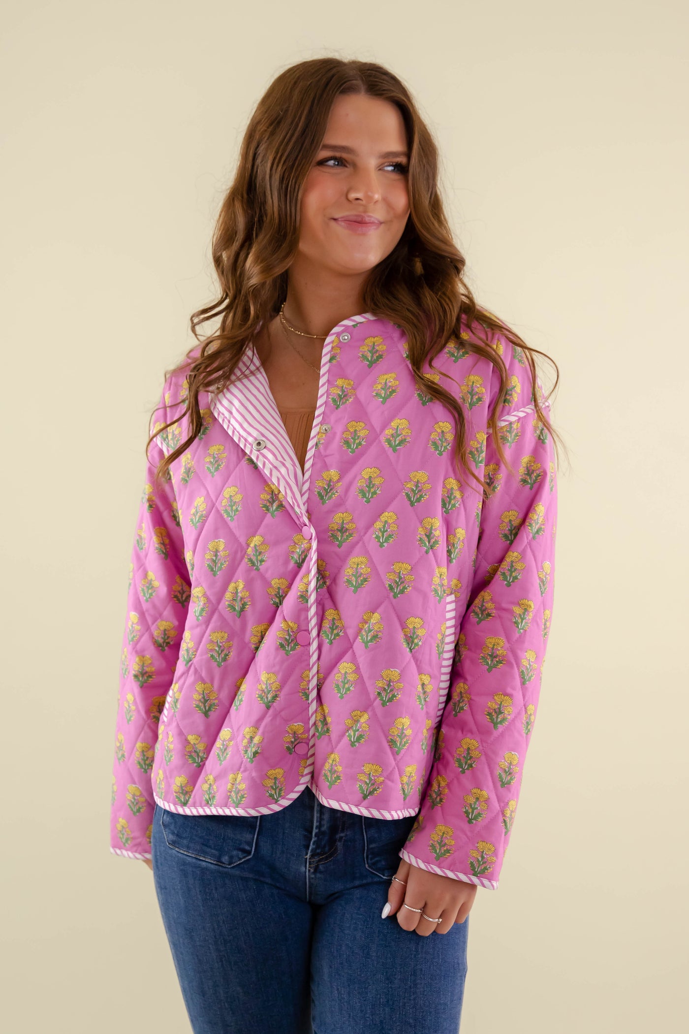 Pink Quilted Floral Jacket- Women's Vintage Inspired Quilted Jacket- Entro Quilted Jacket