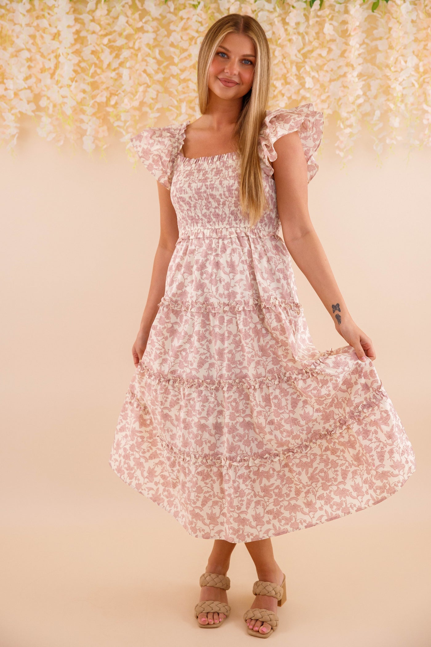 Ruffle Floral Print Midi Dress- Women's Pink Dresses- Smocked Midi Dress
