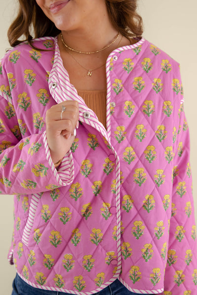 Pink Quilted Floral Jacket- Women's Vintage Inspired Quilted Jacket- Entro Quilted Jacket