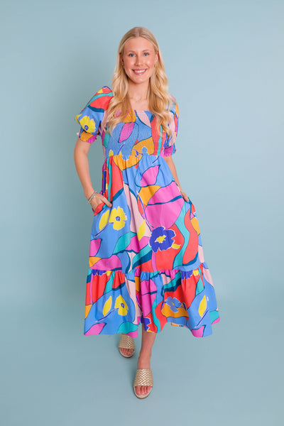 Women's Colorful Print Midi Dress- Women's Modest Dresses- Fun Colorful Dress For Women