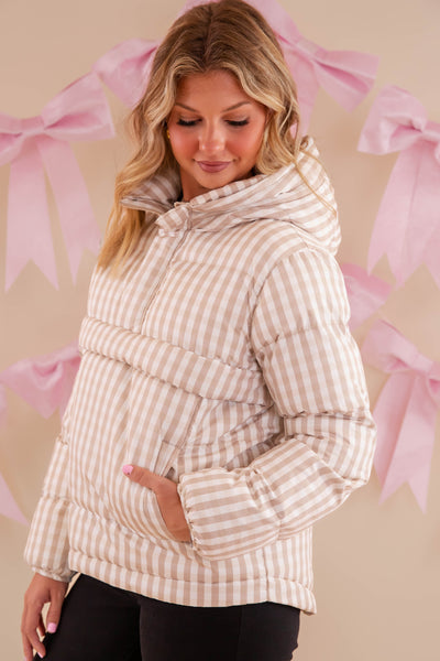 Gingham Puffer Pullover- Classic Beige Gingham Pullover- TCEC Gingham Puffer Jacket