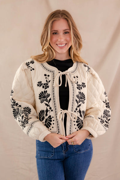 Floral Embroidery Quilted Jacket- Women's Boxy Quilt Jacket- Front Tie Coat