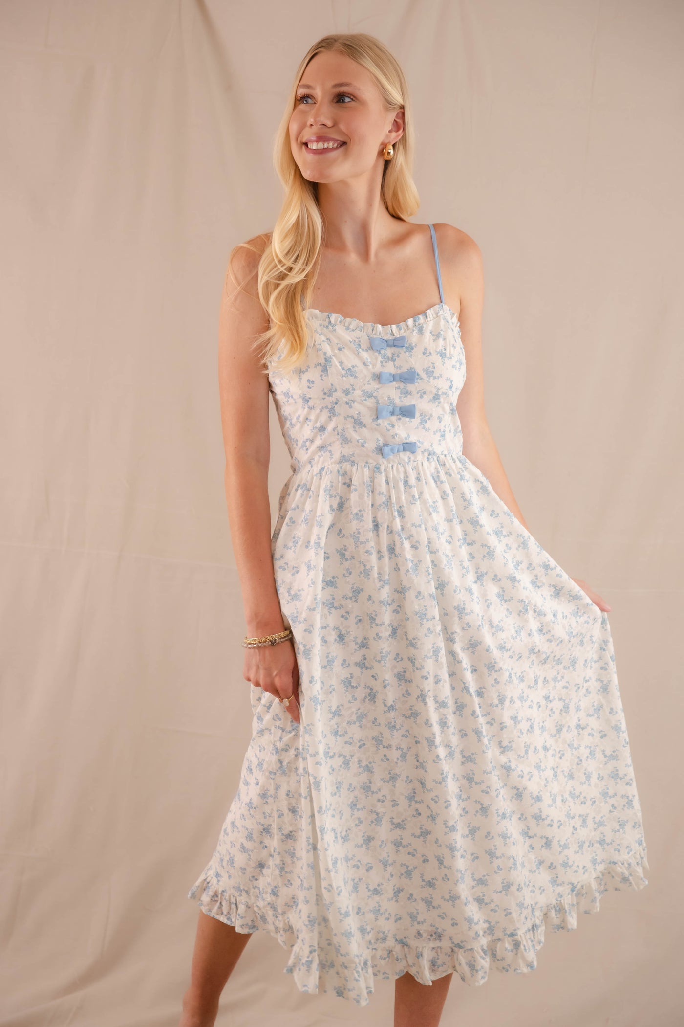 Ditzy Blue Floral Print Midi- Women's Bow Midi Dress- Cottagecore Dresses Juliana's Boutique Ditzy Blue Floral Print Midi- Women's Bow Midi Dress- Cottagecore Dresses Juliana's Boutique