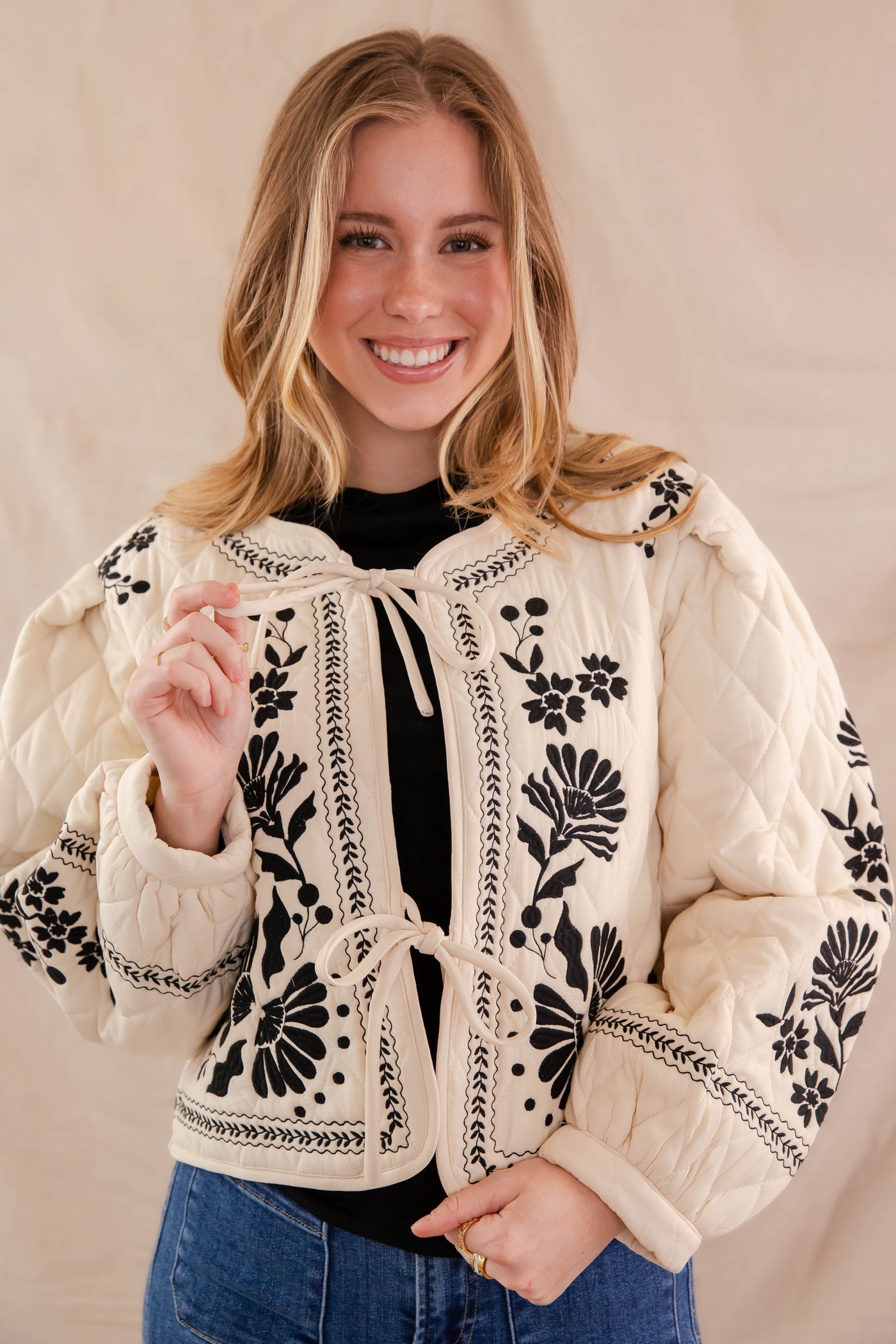 Floral Embroidery Quilted Jacket- Women's Boxy Quilt Jacket- Front Tie Coat