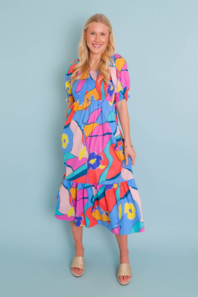 Women's Colorful Print Midi Dress- Women's Modest Dresses- Fun Colorful Dress For Women