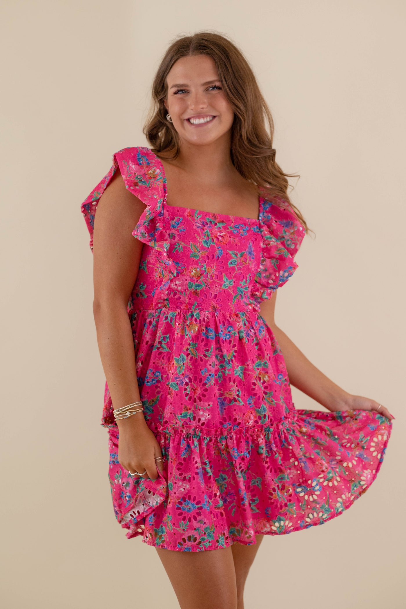 Women's Pink Eyelet Dress- Colorful Summer Dresses- Women's Floral Print Dress