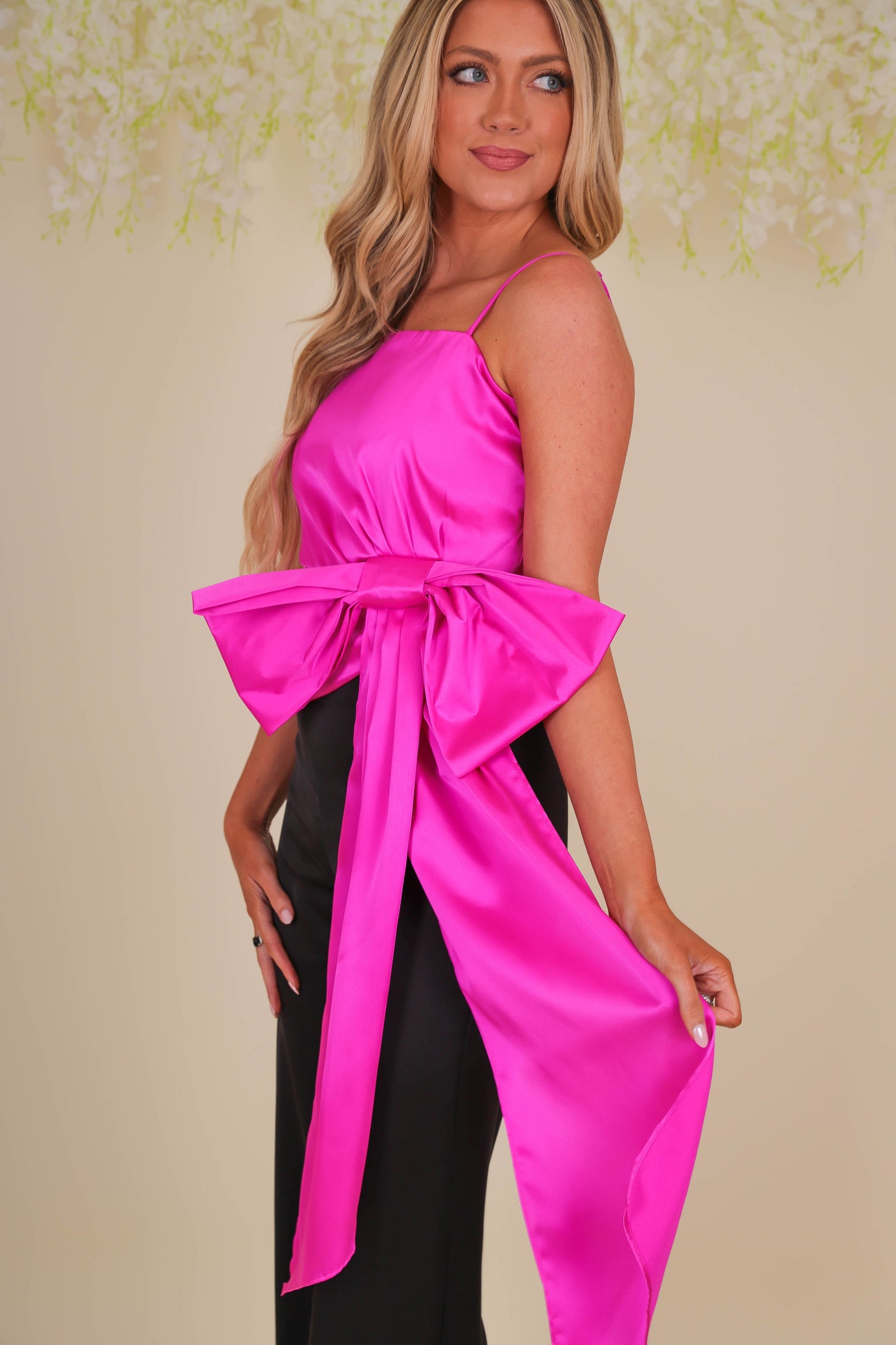Women's Pink Satin Top- Women's Pink Bow Top- GLAM Satin Bow Top