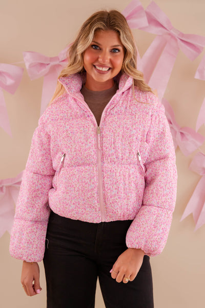 Pink Floral Puffer Jacket- Women's Preppy Floral Puffer Coat- TCEC Floral Puffer Jacket