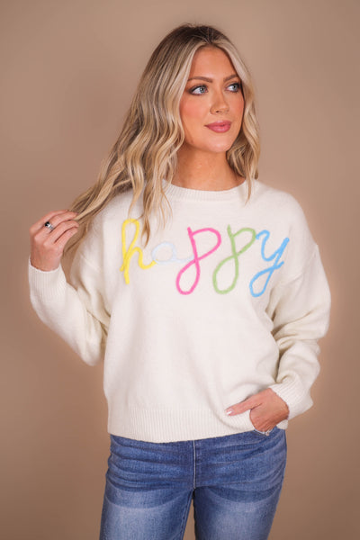 HAPPY Knit Sweater- Rainbow Happy Sweater- Cozy White Sweater