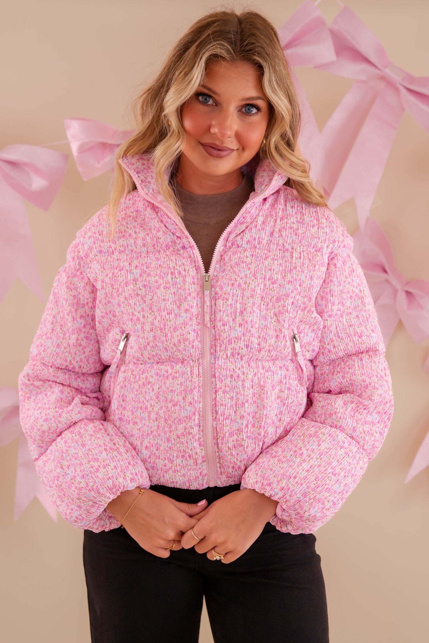 Pink Floral Puffer Jacket- Women's Preppy Floral Puffer Coat- TCEC Floral Puffer Jacket