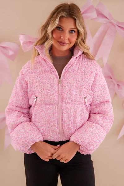 Pink Floral Puffer Jacket- Women's Preppy Floral Puffer Coat- TCEC Floral Puffer Jacket