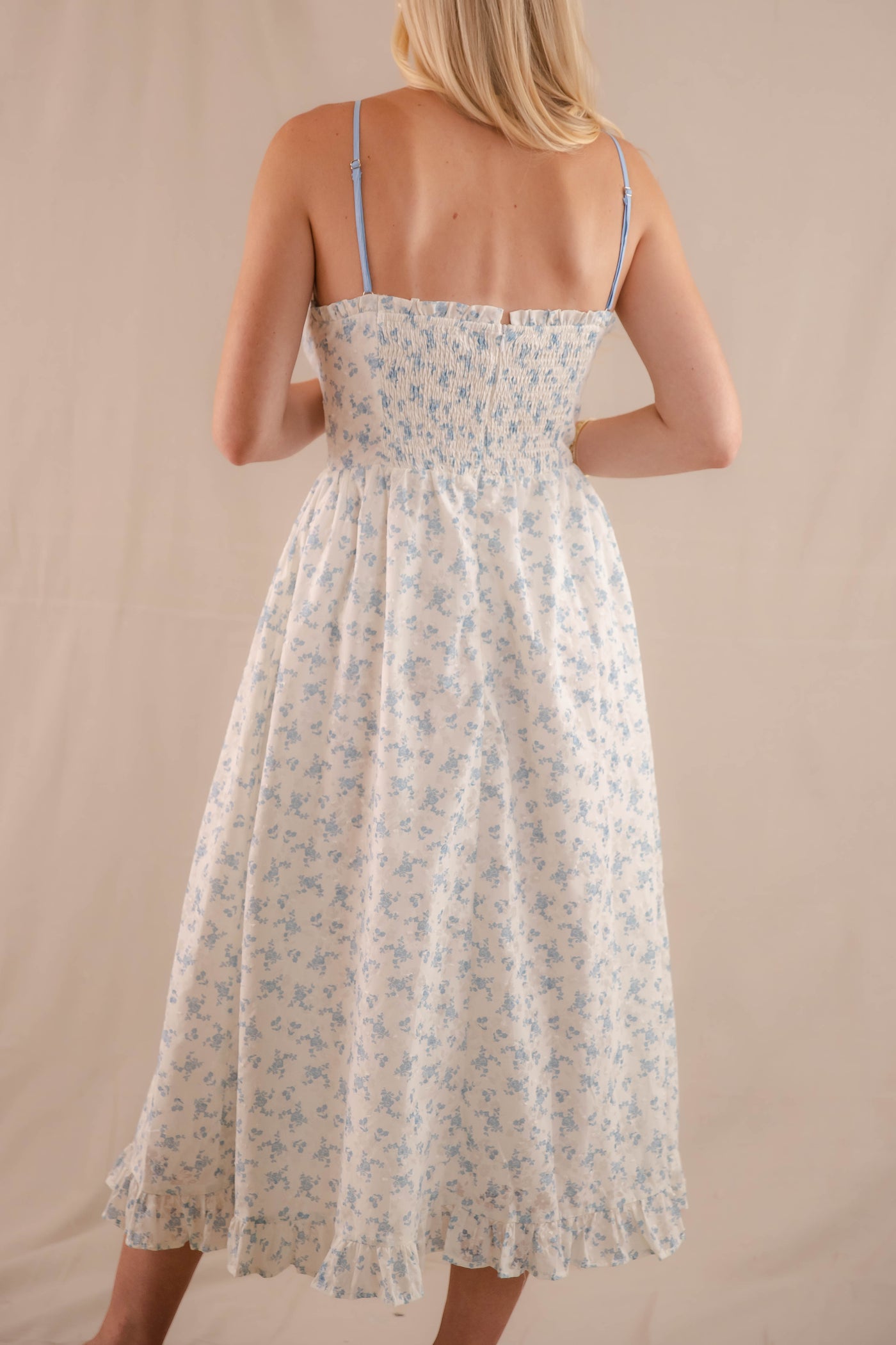 Ditzy Blue Floral Print Midi- Women's Bow Midi Dress- Cottagecore Dresses