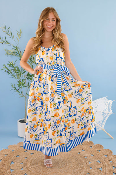 Women's Blue and White Lemon Dress- Women's European Summer Maxi- Lemon Print Long Dress