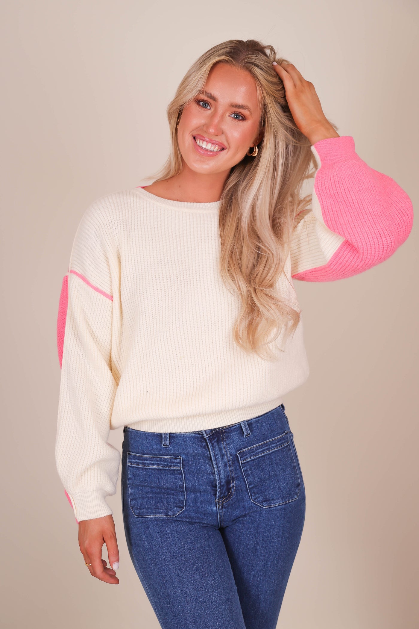 Women's Cozy Ribbed Sweater- Women's Pink Colorblock Sweater- Preppy Sweaters
