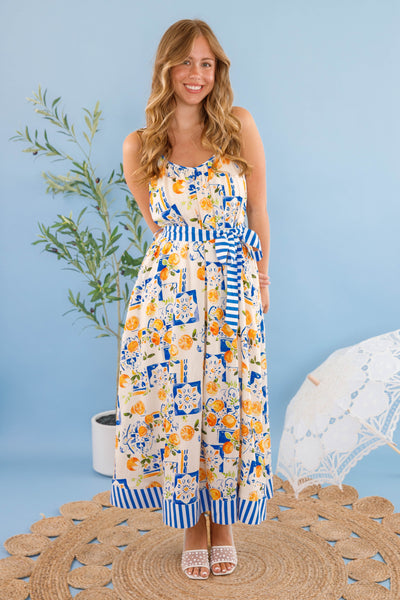 Women's Blue and White Lemon Dress- Women's European Summer Maxi- Lemon Print Long Dress