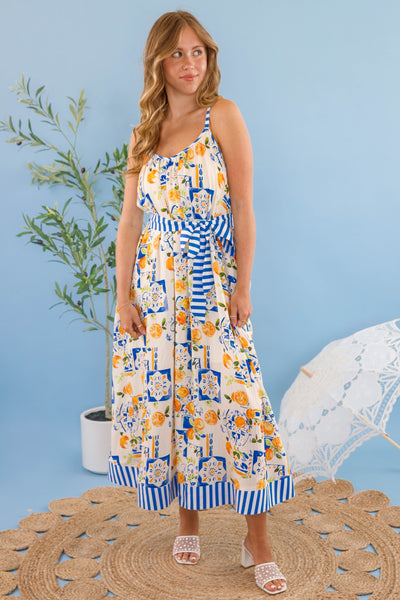Women's Blue and White Lemon Dress- Women's European Summer Maxi- Lemon Print Long Dress
