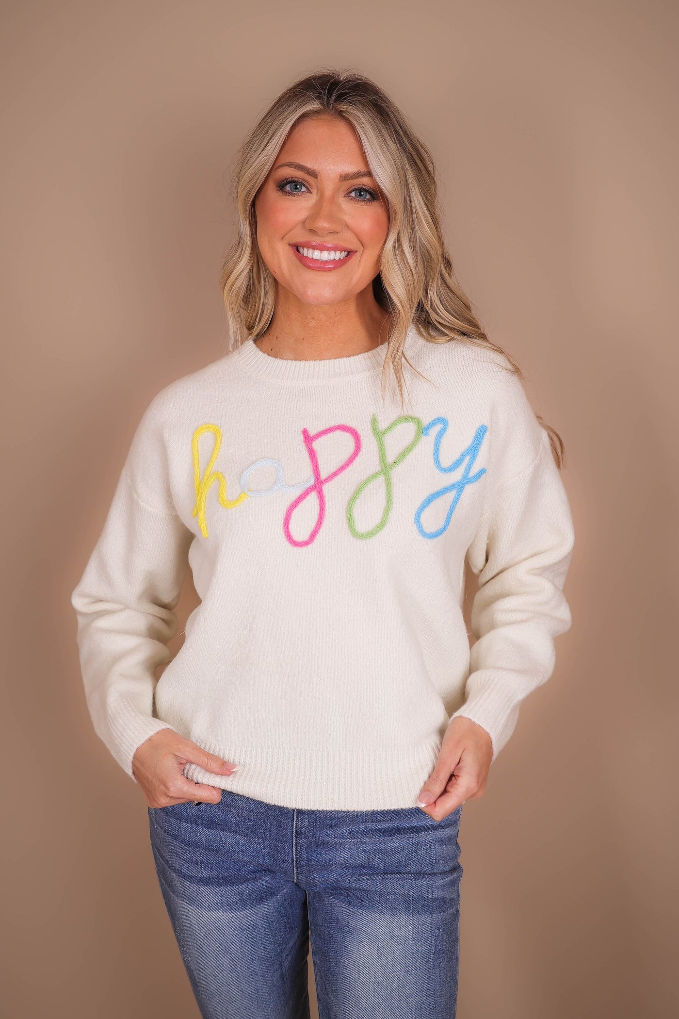 HAPPY Knit Sweater- Rainbow Happy Sweater- Cozy White Sweater