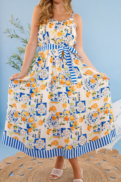 Women's Blue and White Lemon Dress- Women's European Summer Maxi- Lemon Print Long Dress
