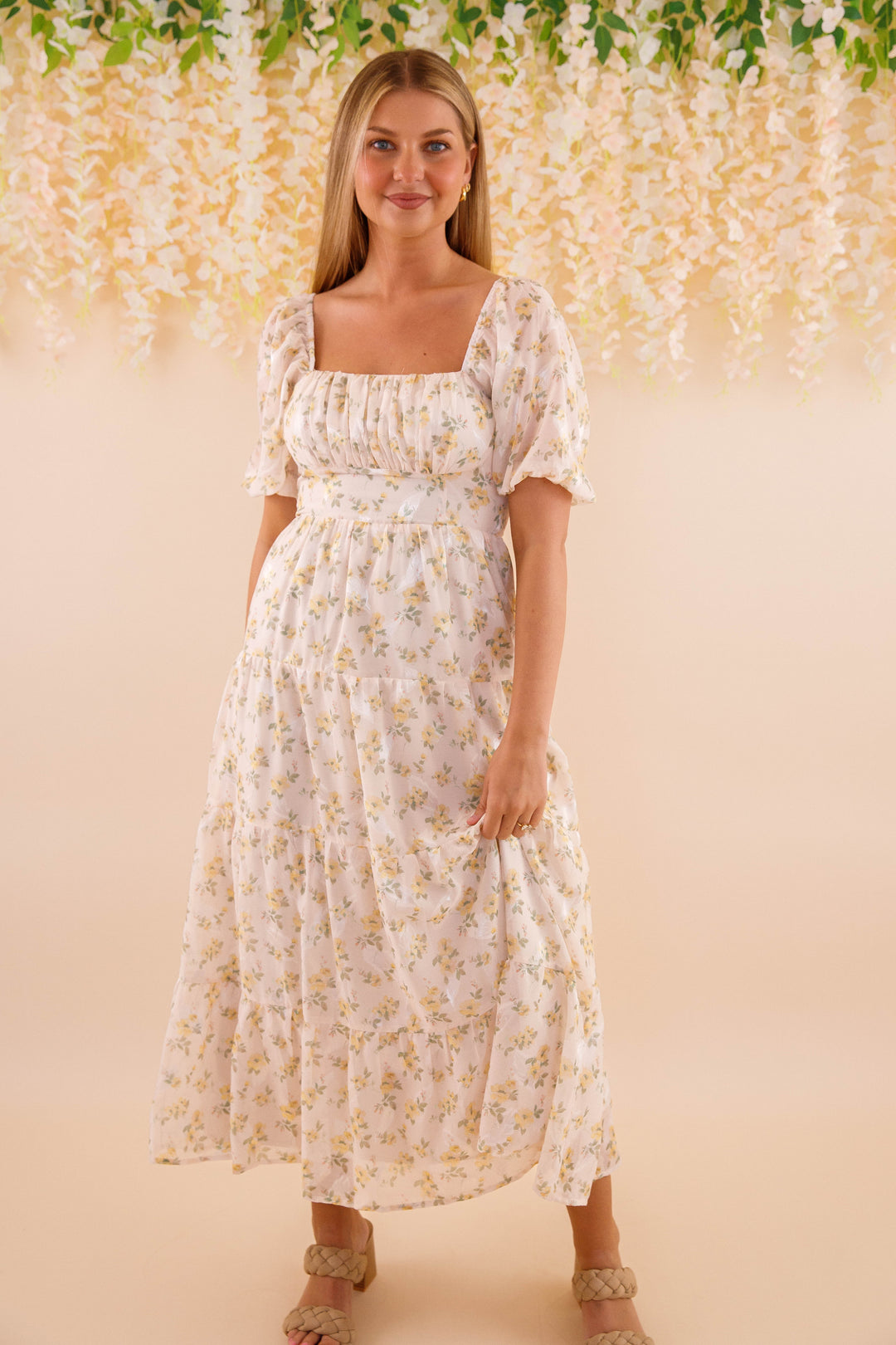 Women's Chiffon Midi Dress- Yellow Flower Print Dress- Women's Conservative Dresses Small