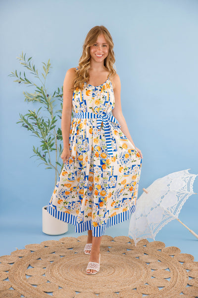 Women's Blue and White Lemon Dress- Women's European Summer Maxi- Lemon Print Long Dress