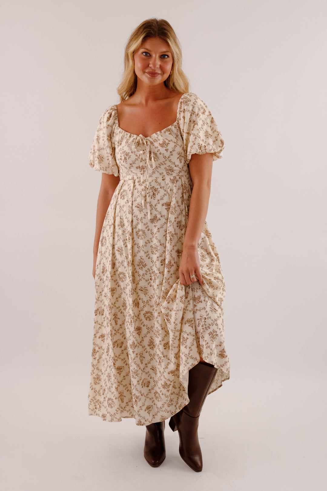 Women's Neutral Print Midi Dress- Puffed Sleeve Midi Dress